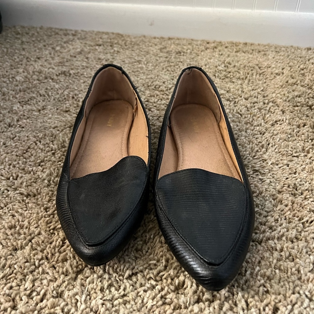 Black snake skin slip ons